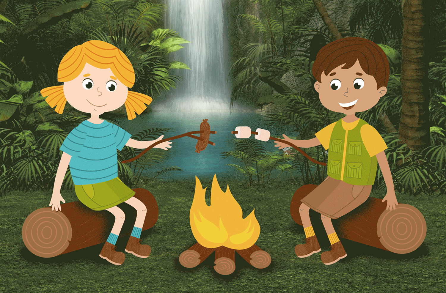Two kids sit at a campfire and mosquitoes fly to only one of the kids as the other kid reacts.