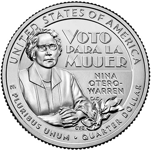 U.S. quarter featuring Nina Otero-Warren sitting with her hands clasped