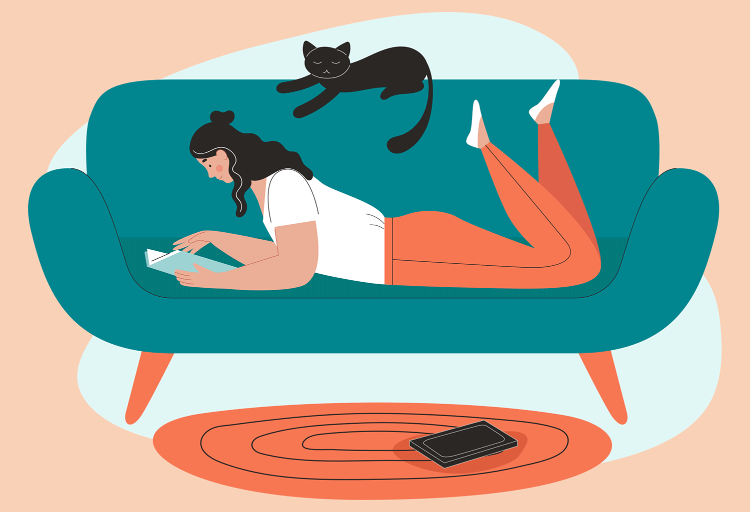 Animation of a girl lying on her couch with a book and ignoring her phone