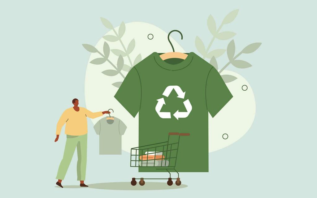 Illustration of a person putting a t shirt into a shopping card with the backdrop of a large t shirt with a recycling symbol on it.
