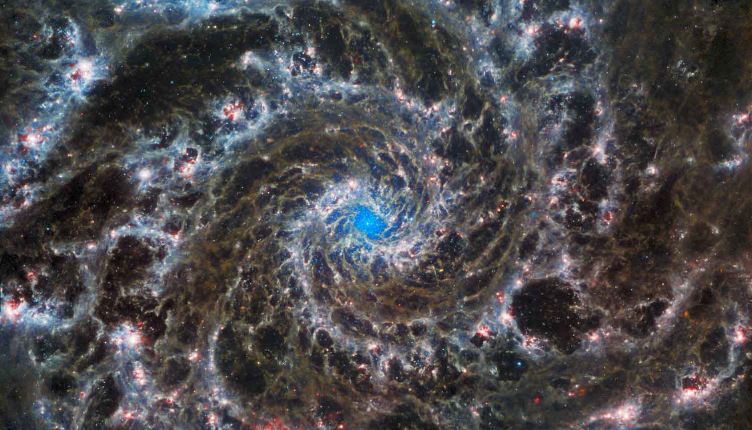 A galaxy with a blue center and swirling gases all around.