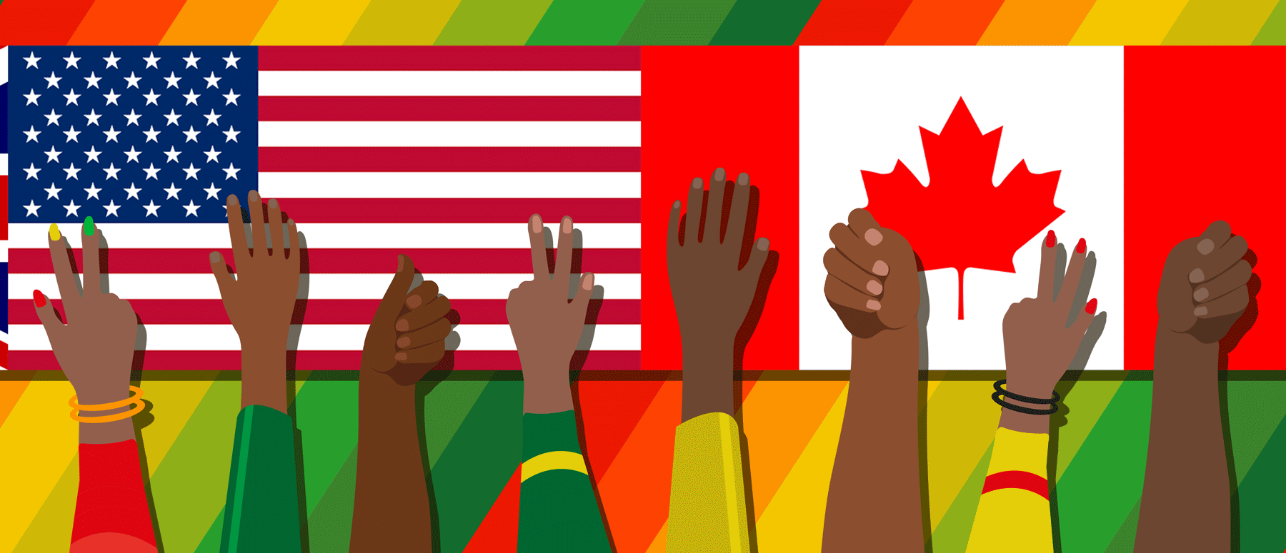 Eight hands raised in front of scrolling U.S, Canadian, UK, Irish, and Dutch flags.