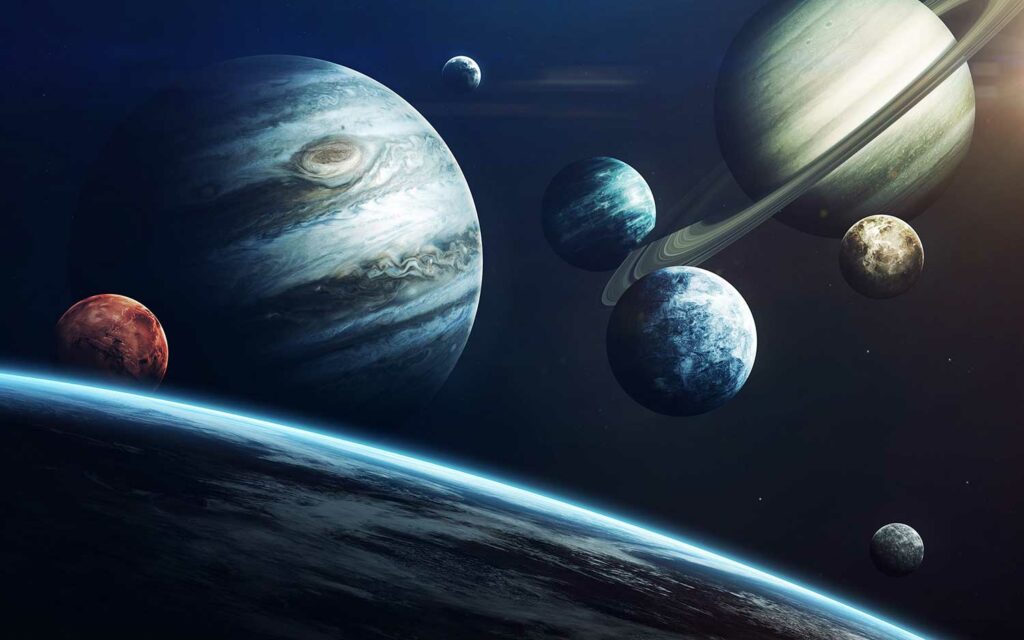 Artist’s rendition of Earth’s surface and the other planets in the solar system.