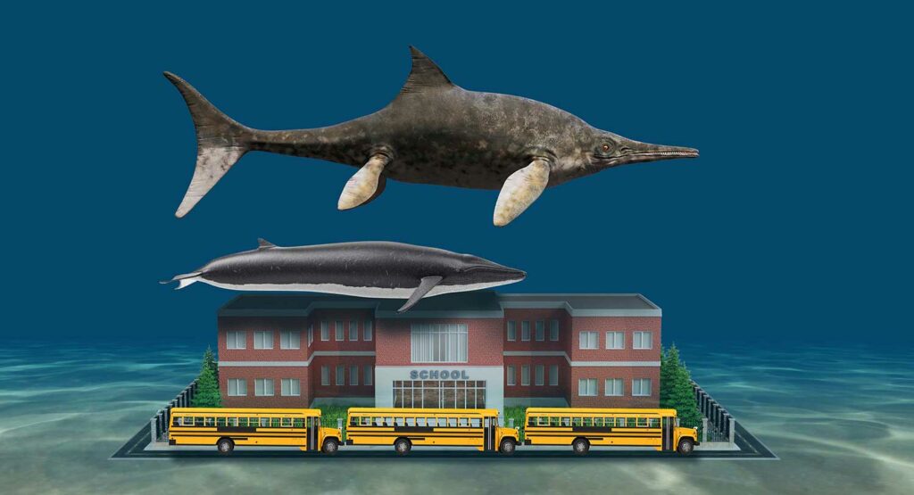 A blue whale and an ichthyosaur swim above a school building with three buses parked in front.