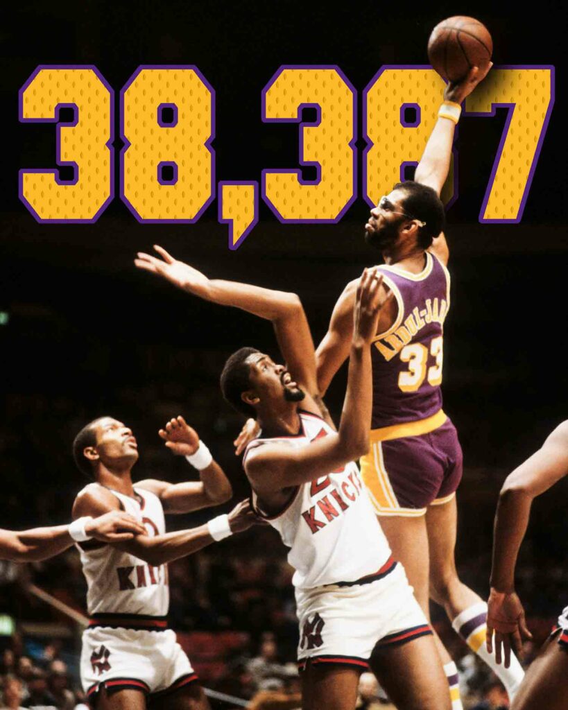 Kareem Abdul-Jabbar in midair poised to shoot a basket with other players reaching up to him and the number 38,387 in the background