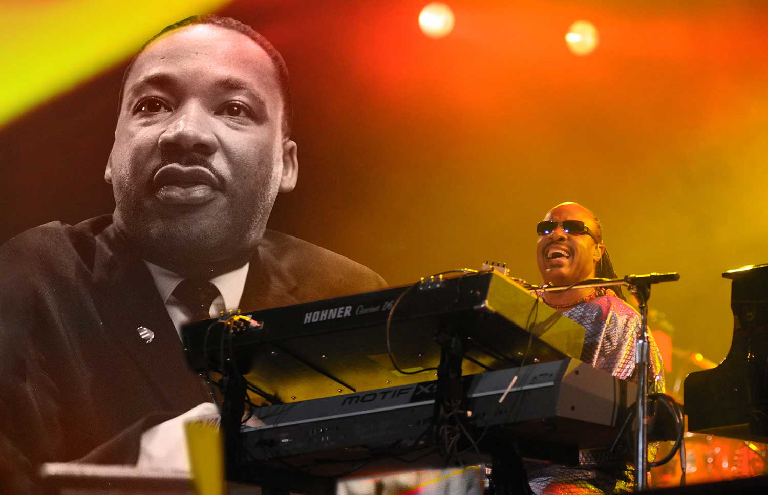 Stevie Wonder sits at a keyboard on the right with an image of Martin Luther King behind him.