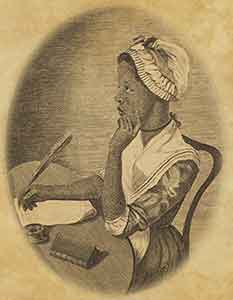 Illustration of Phillis Wheatley sitting at a desk with a quill pen and paper