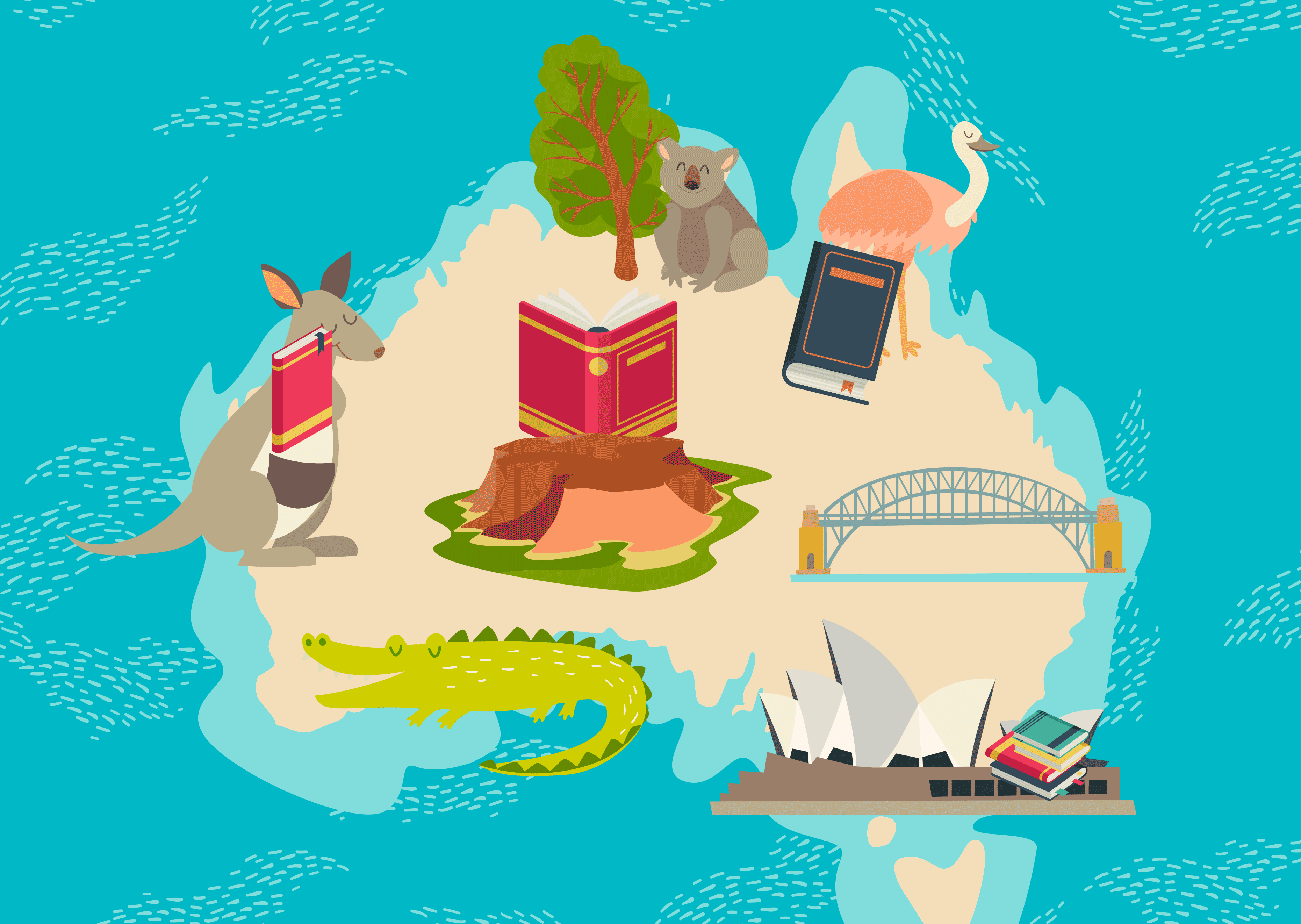 Animation of books emerging from a kangaroo’s pouch, the Sydney Opera House, a crocodile’s mouth, and more.