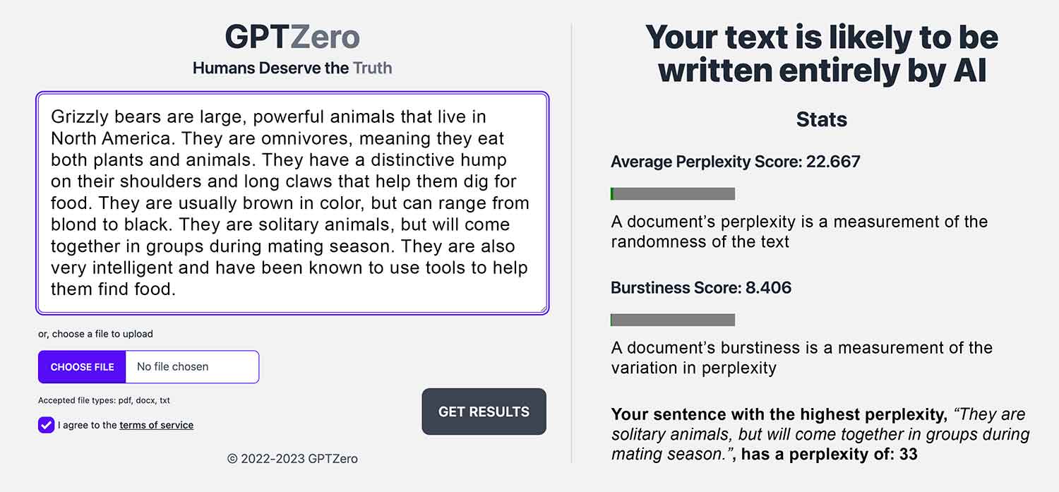 Screenshot from GPTZero showing it detecting that a piece of text was written by AI.