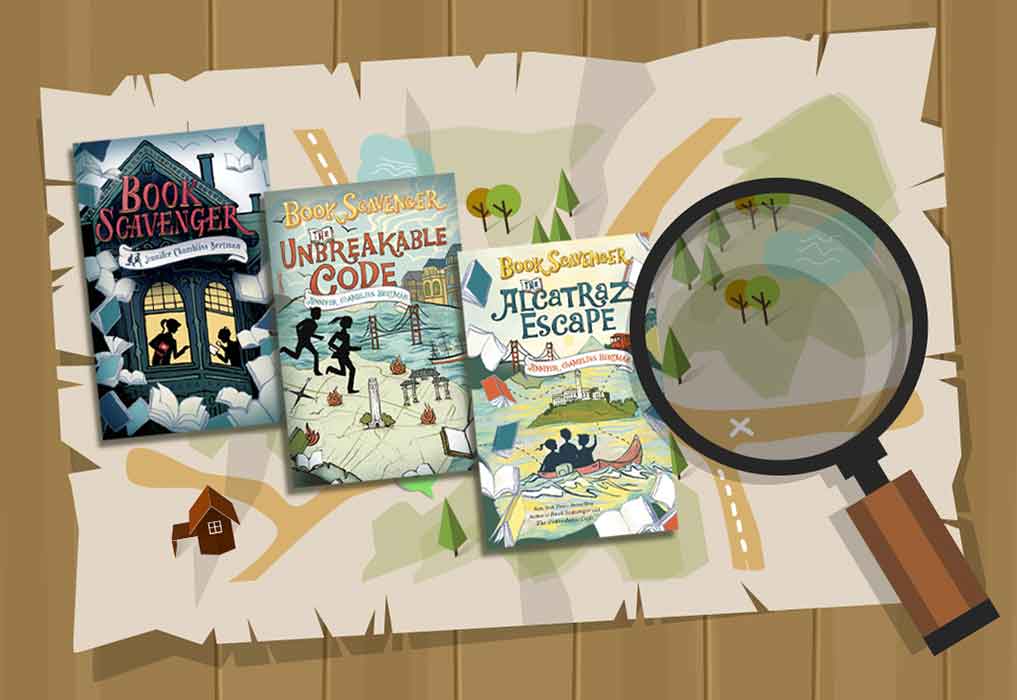 Three covers from the Book Scavenger series on top of a map with a magnifying glass