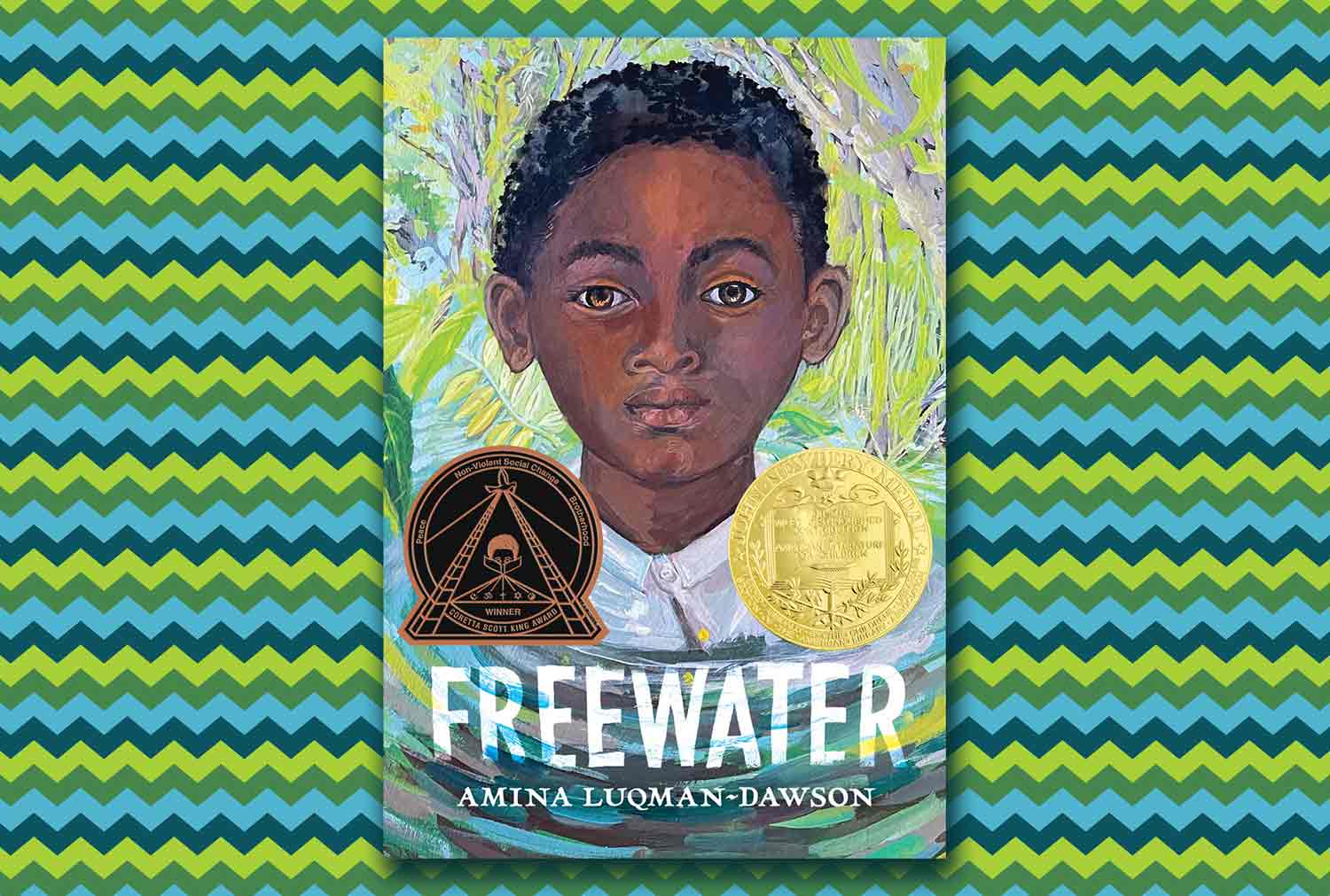 Freewater book cover with Newbery Medal shows a young boy in swamp water