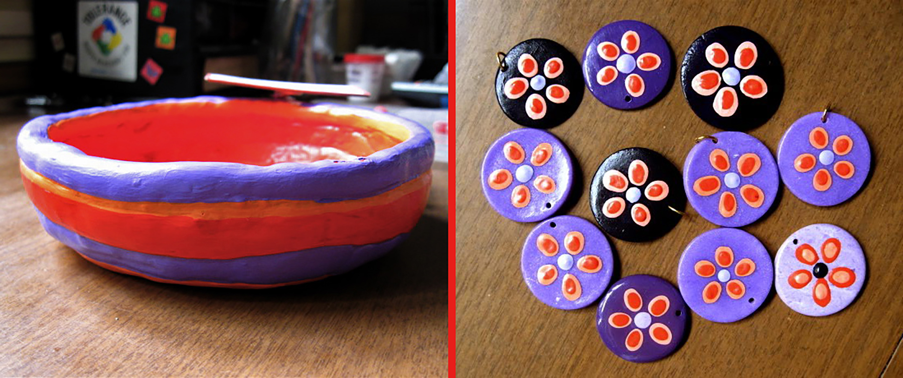 Side-by-side photos of a painted clay bowl and clay discs with painted on design.