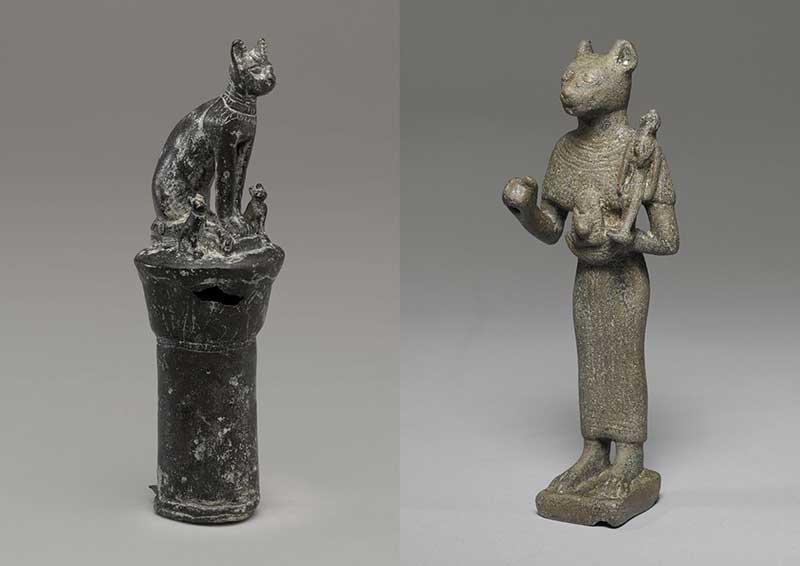Side by side photos of statues of cats in regal attire.
