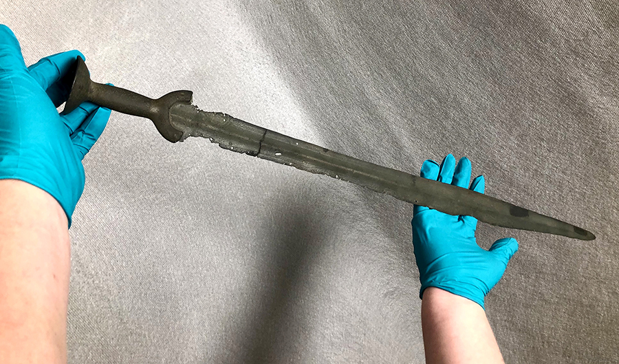 gloved hand holding sword