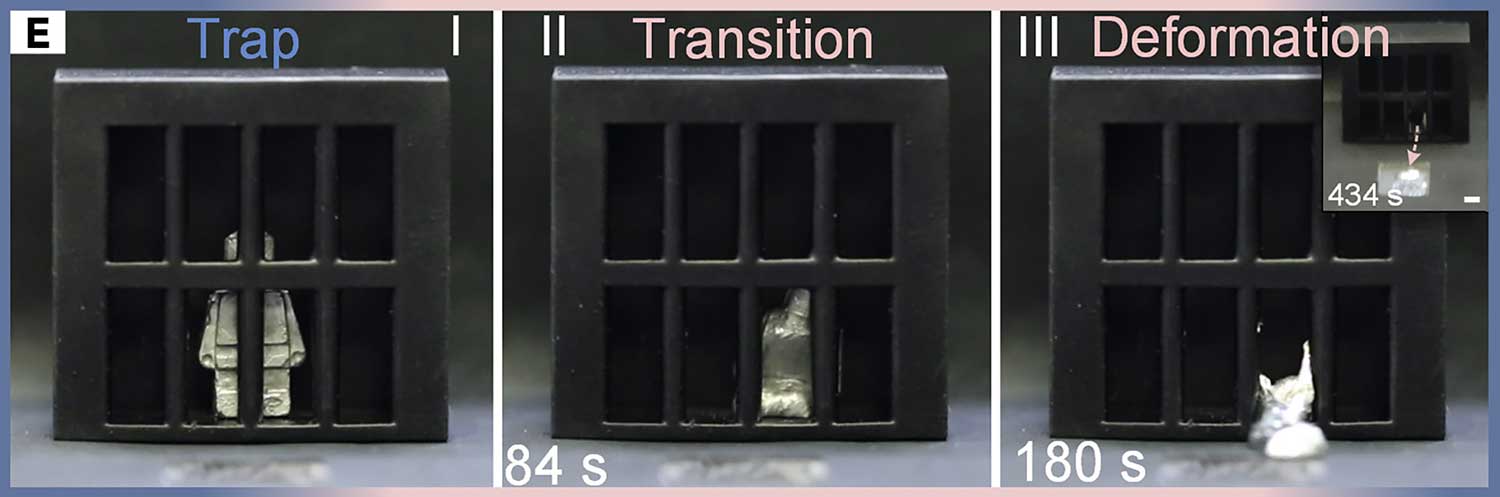 Three images showing a solid metal robot behind bars, then transitioning to liquid, then in front of the bars as a liquid.