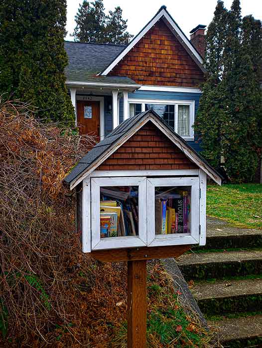 A brown shingled box with books inside with a brown shingled home in the background.