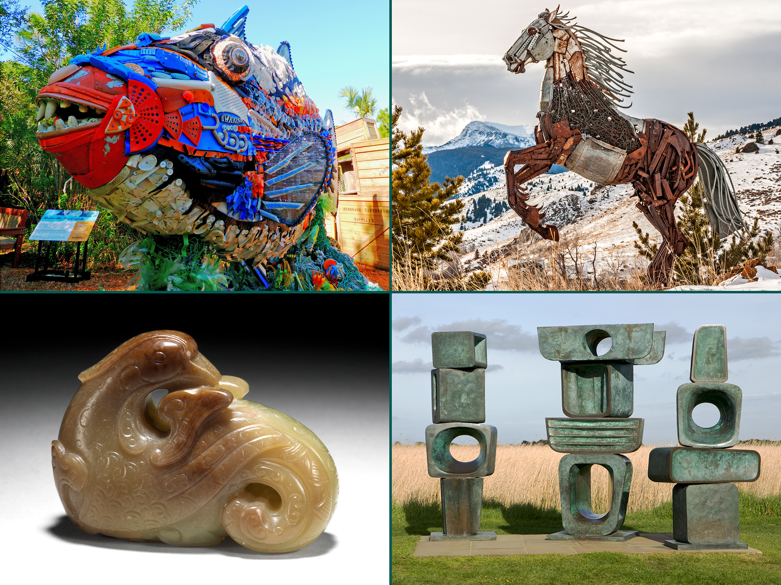 A colorful plastic fish sculpture, a metal horse sculpture, a small jade sculpture, and a large bronze abstract sculpture
