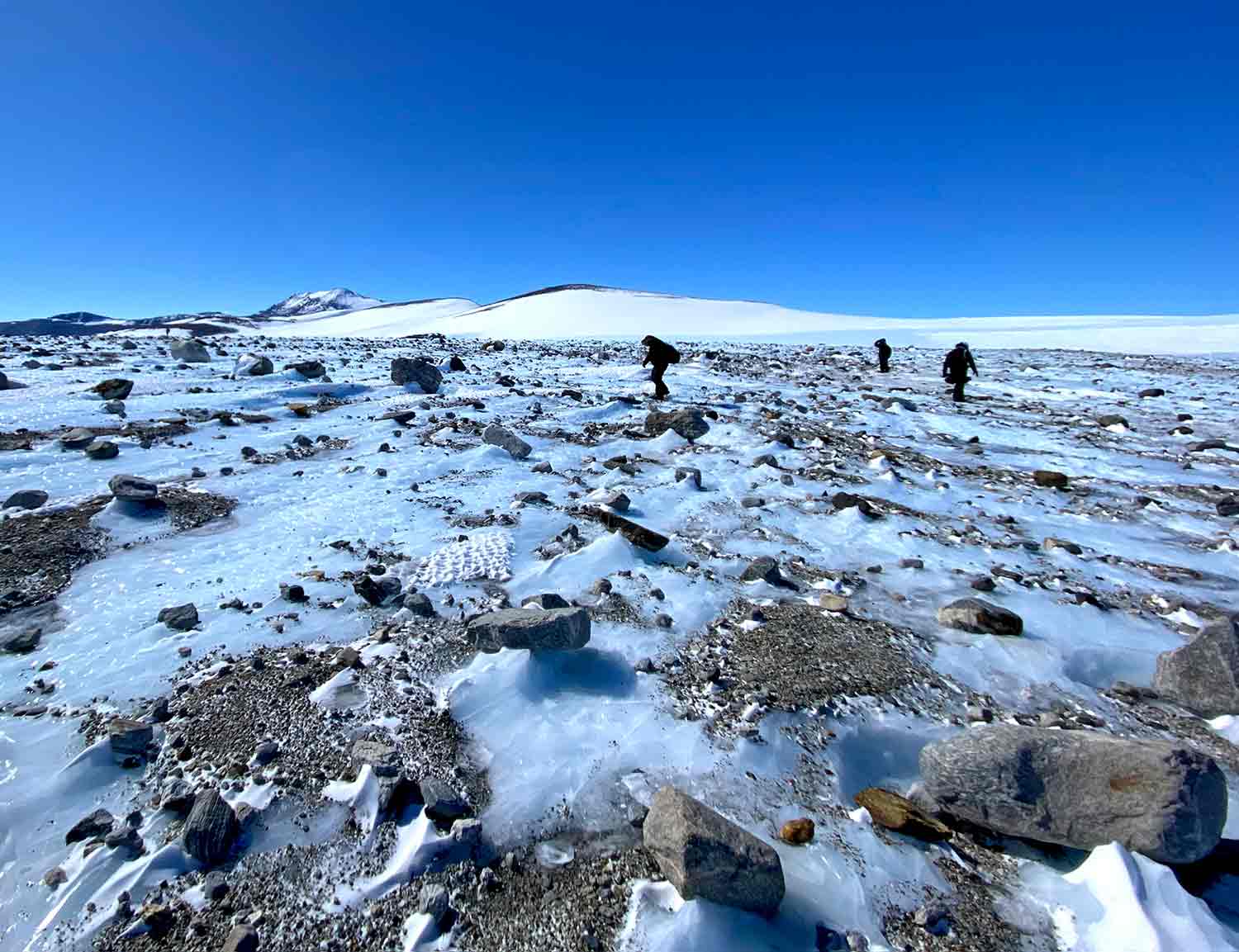 Three people search the ground on an icy landscape dotted with rocks.