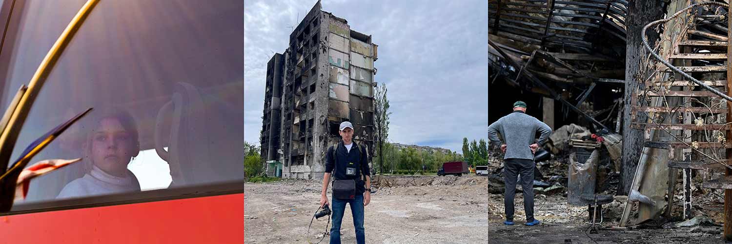 Side by side photos show a child looking out a vehicle window, a young man in front of a shelled building, and a man inspecting destruction.