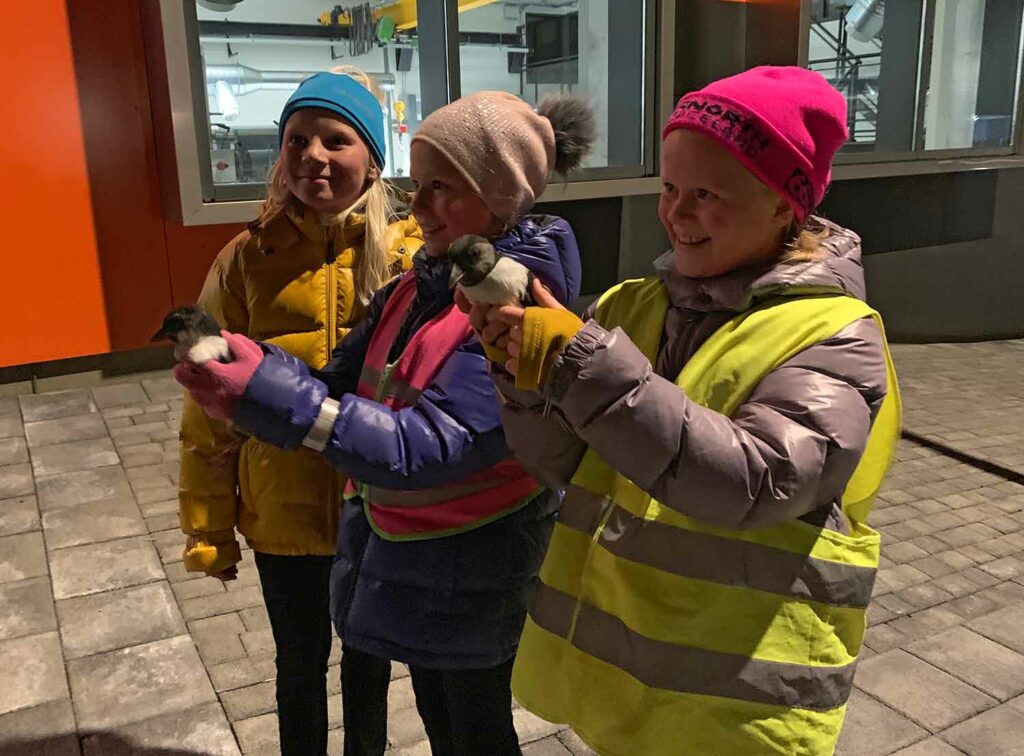 Three kids on a sidewalk in winter clothing smile and two of them hold pufflings.