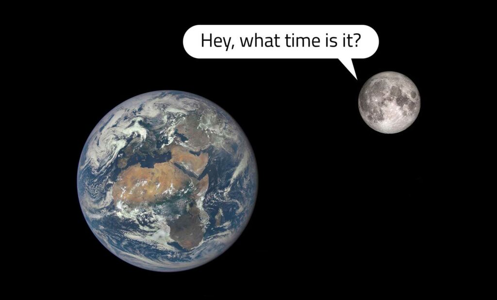 Earth and the Moon are in space and a talk bubble shows the Moon asking Earth for the time.