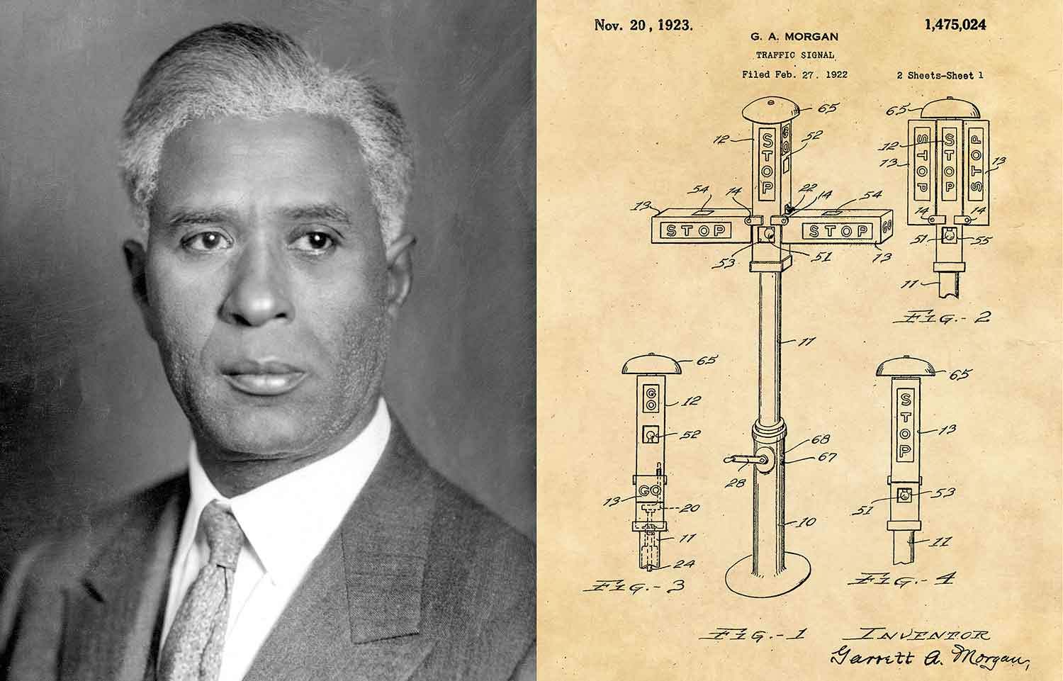 Side by side portrait of a man and a set of patent illustrations for a three-way traffic signal