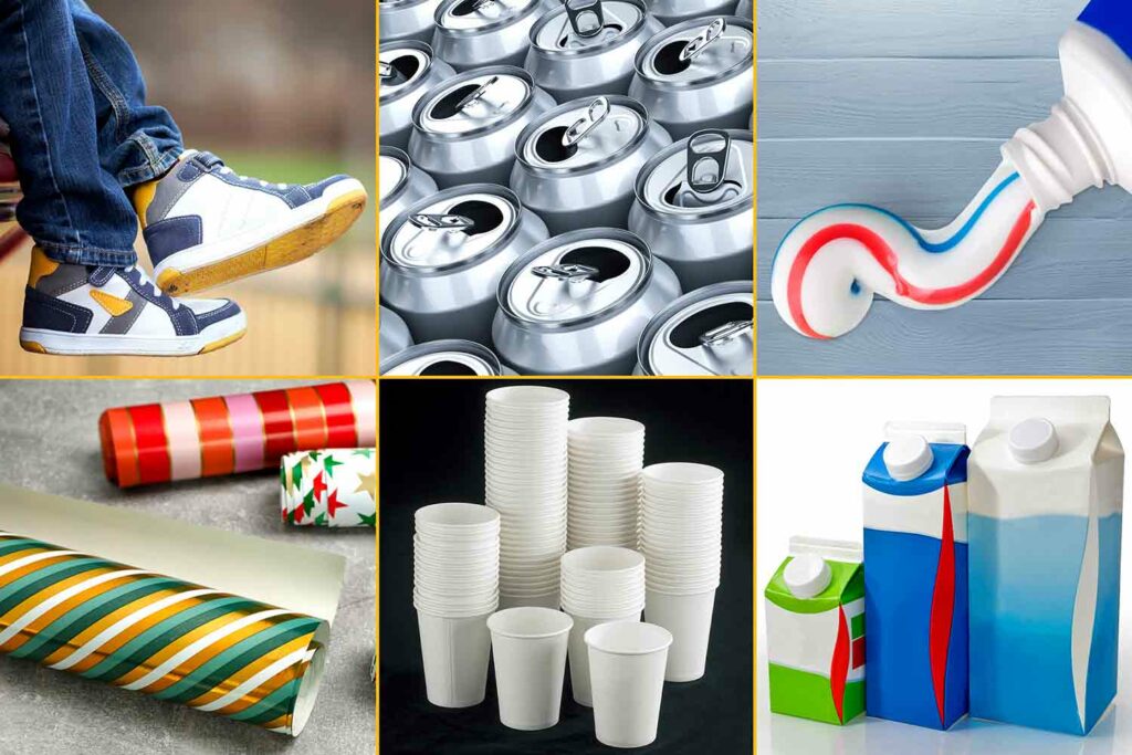 Sneakers, toothpaste, soda cans, wrapping paper, paper cups, and milk cartons.