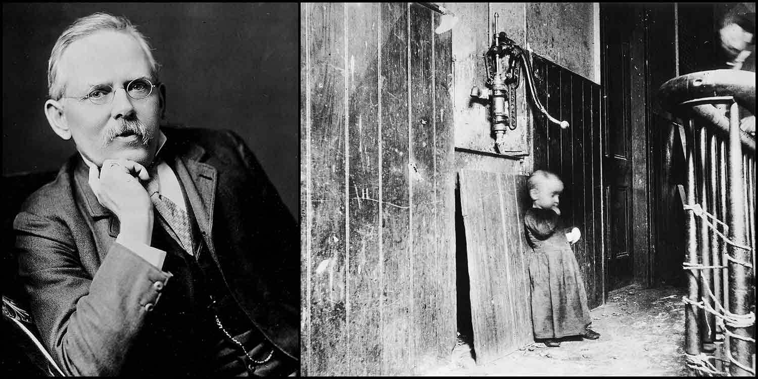 Seated portrait of Jacob Riis next to a photo of a small child in the hallway of a rundown building