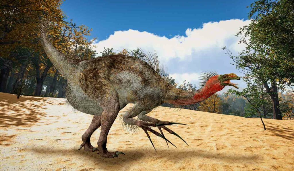 A dinosaur with a red head, a short tail, and very long claws on its front feet