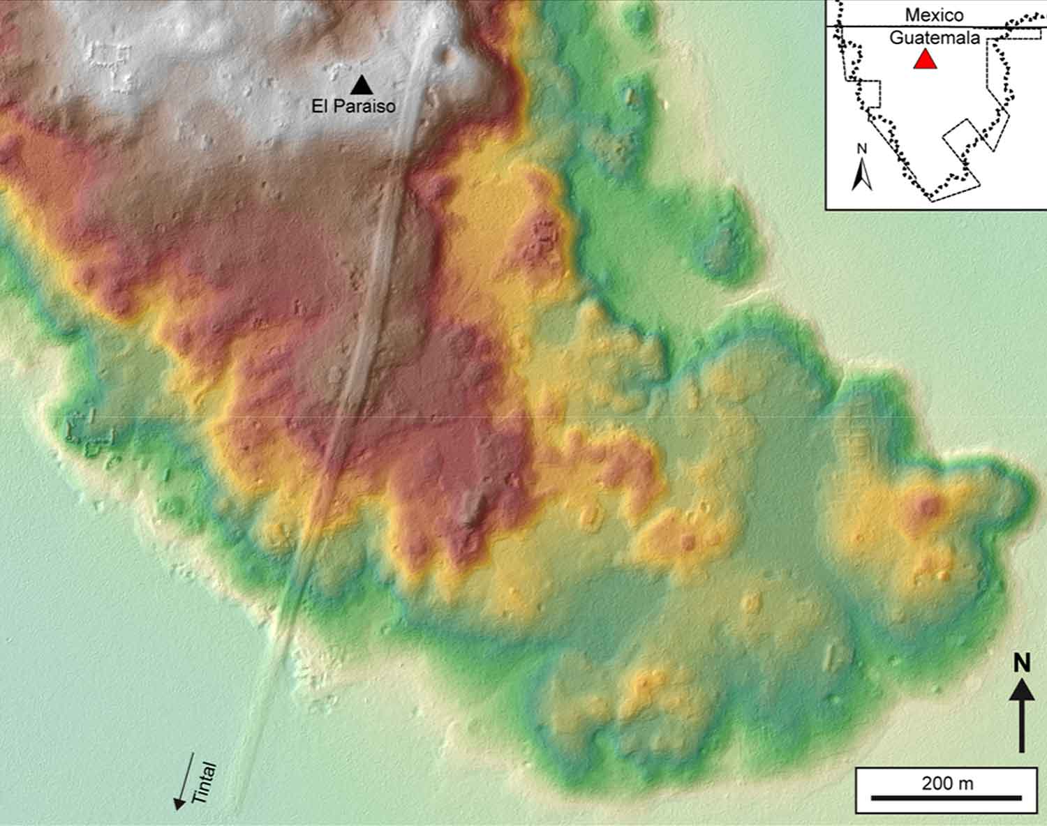 An elevation map on part of Guatemala with causeways labeled