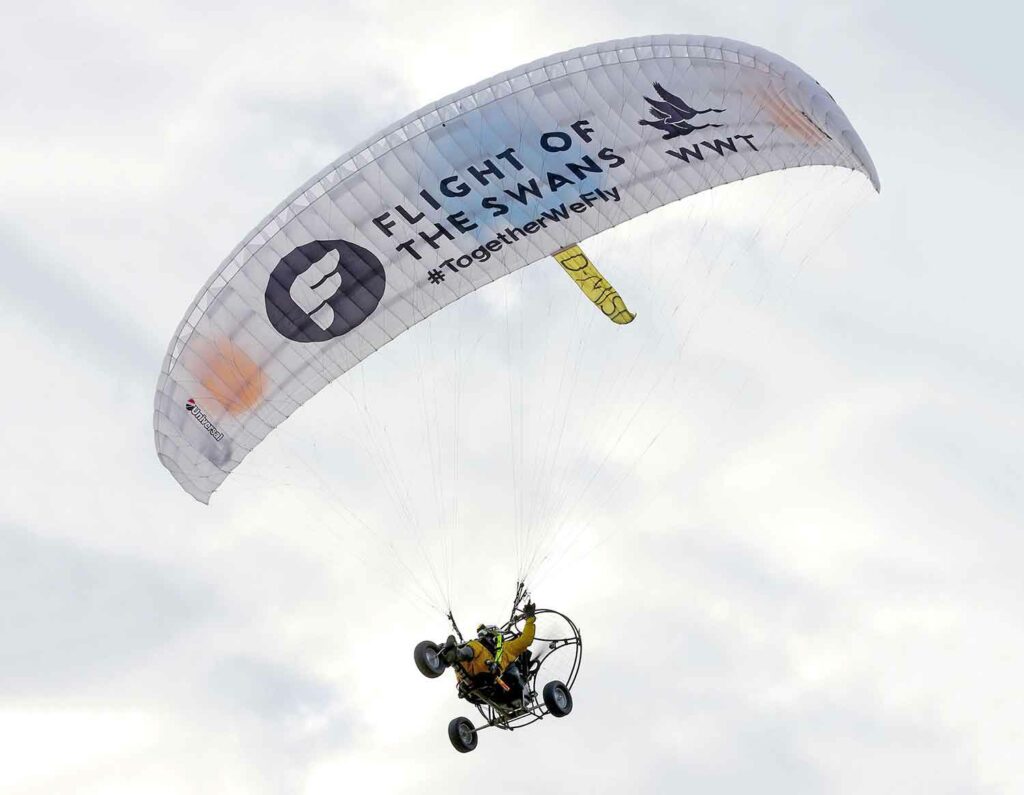 View from below of a paramotor with the words flight of the swans