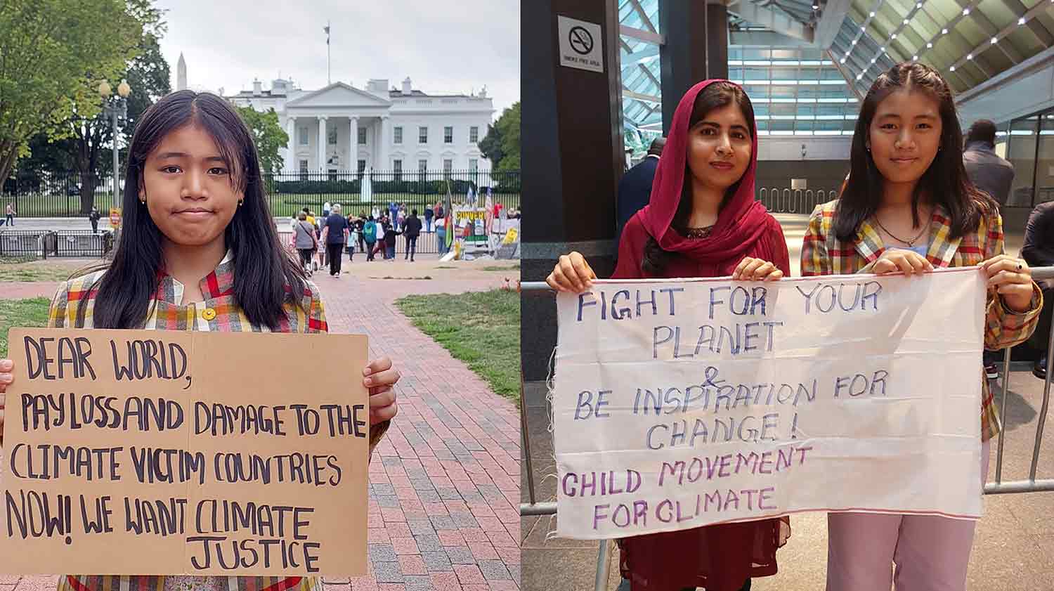 Side by side photos show Licy Kangujam in front of the White House holding up a sign demanding climate justice and a girl and Licy Kangujam and Malala Yousafzai posing together.