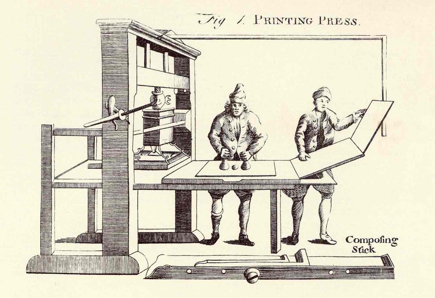 Two workers standing at a large printing press