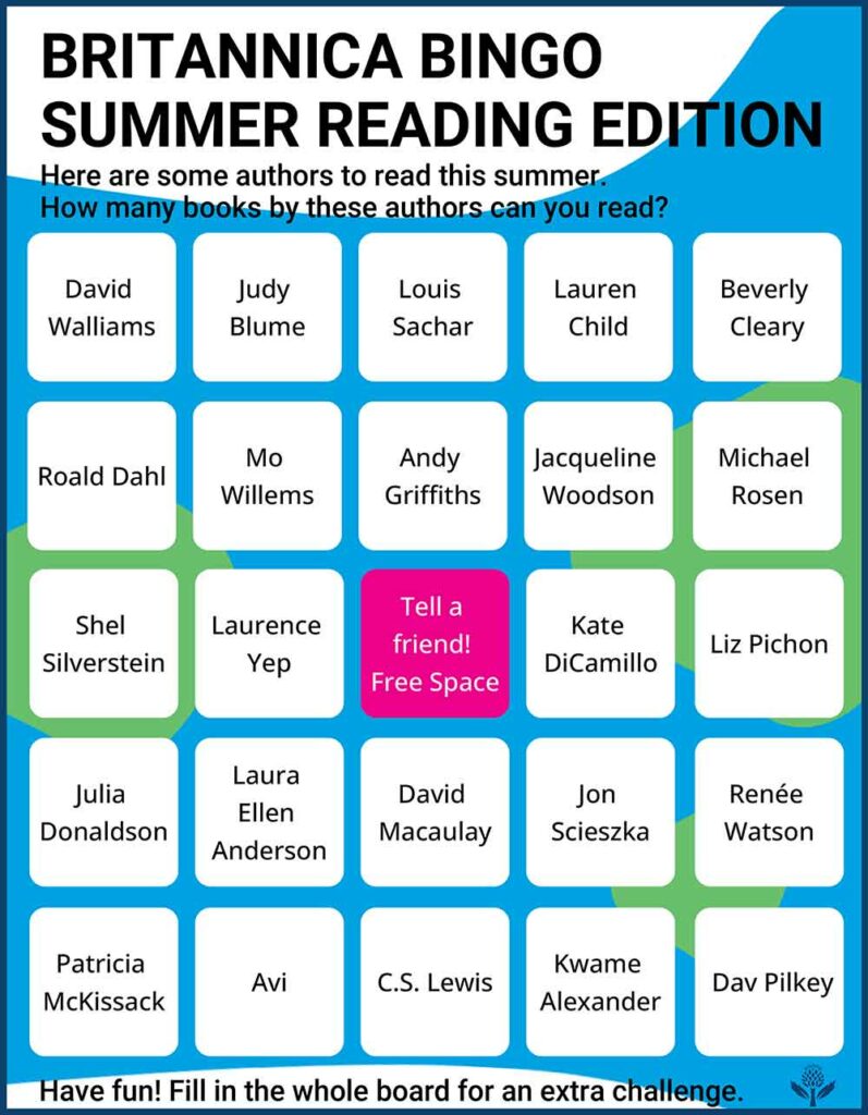 A bingo card with a different author’s name in each space and a free space in the middle.