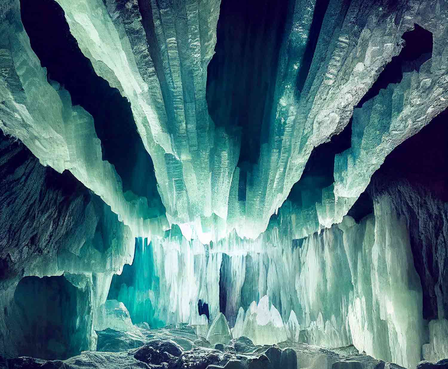 Large crystals grow inside a cave.
