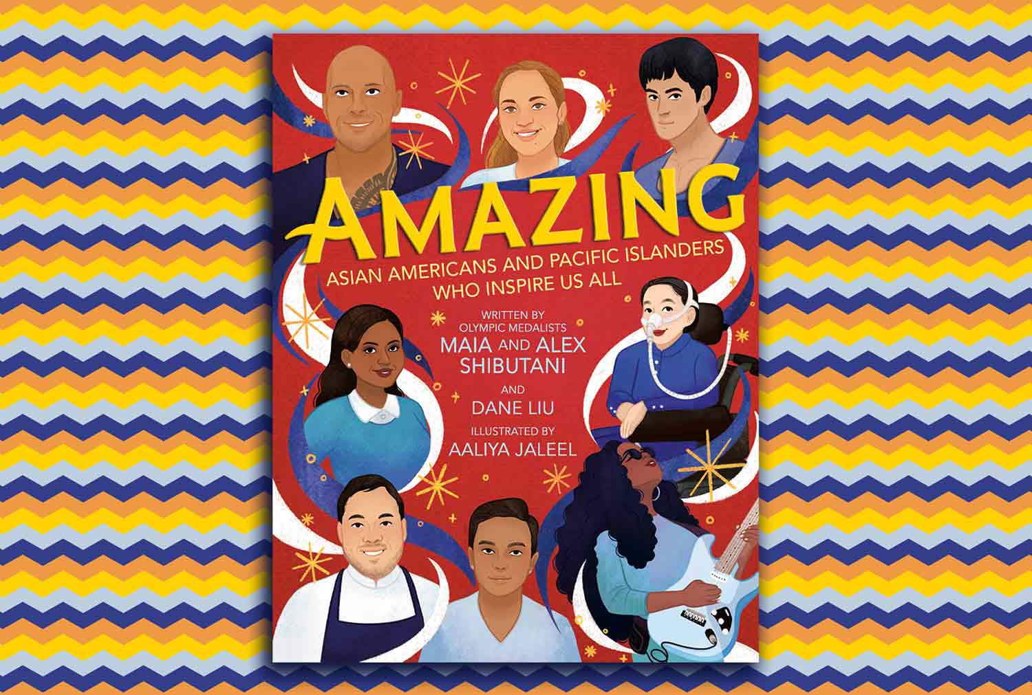 Red book cover with the words Amazing: Asian Americans and Pacific Islanders Who Inspire Us All and illustrations of seven people.