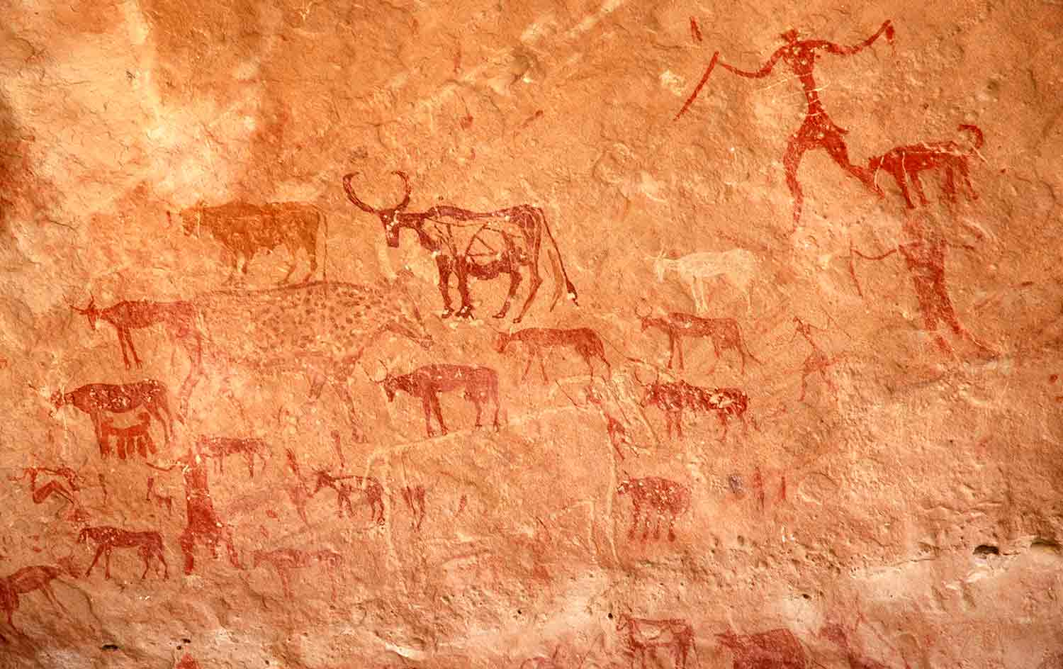 Cave painting showing a human and a herd of wild animals.