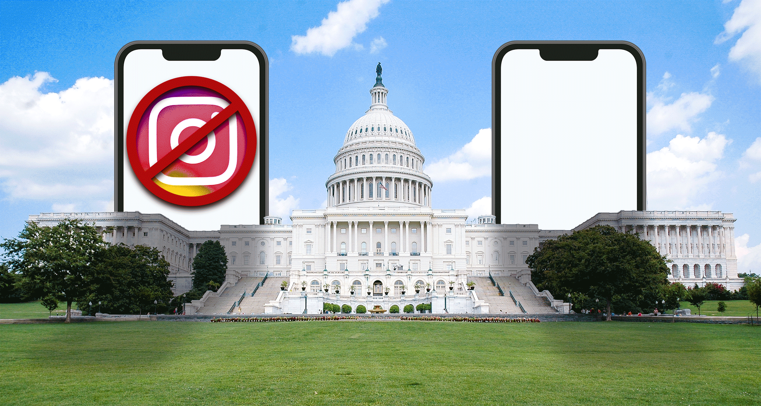 The U.S. Capitol building with a smartphone on either side showing social media logos being crossed out.