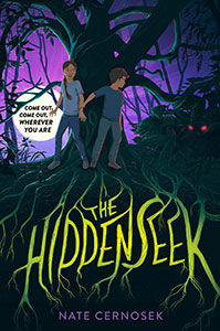 Two kids stand under a tree with roots showing and forming the words The Hidden Seek.