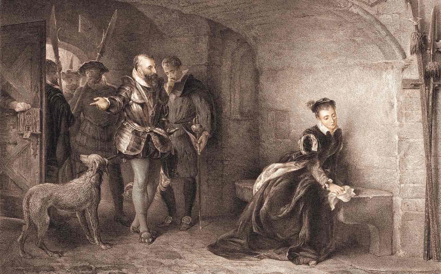 Princess Elizabeth sits on a stone bench in a chamber as several men enter the chamber.
