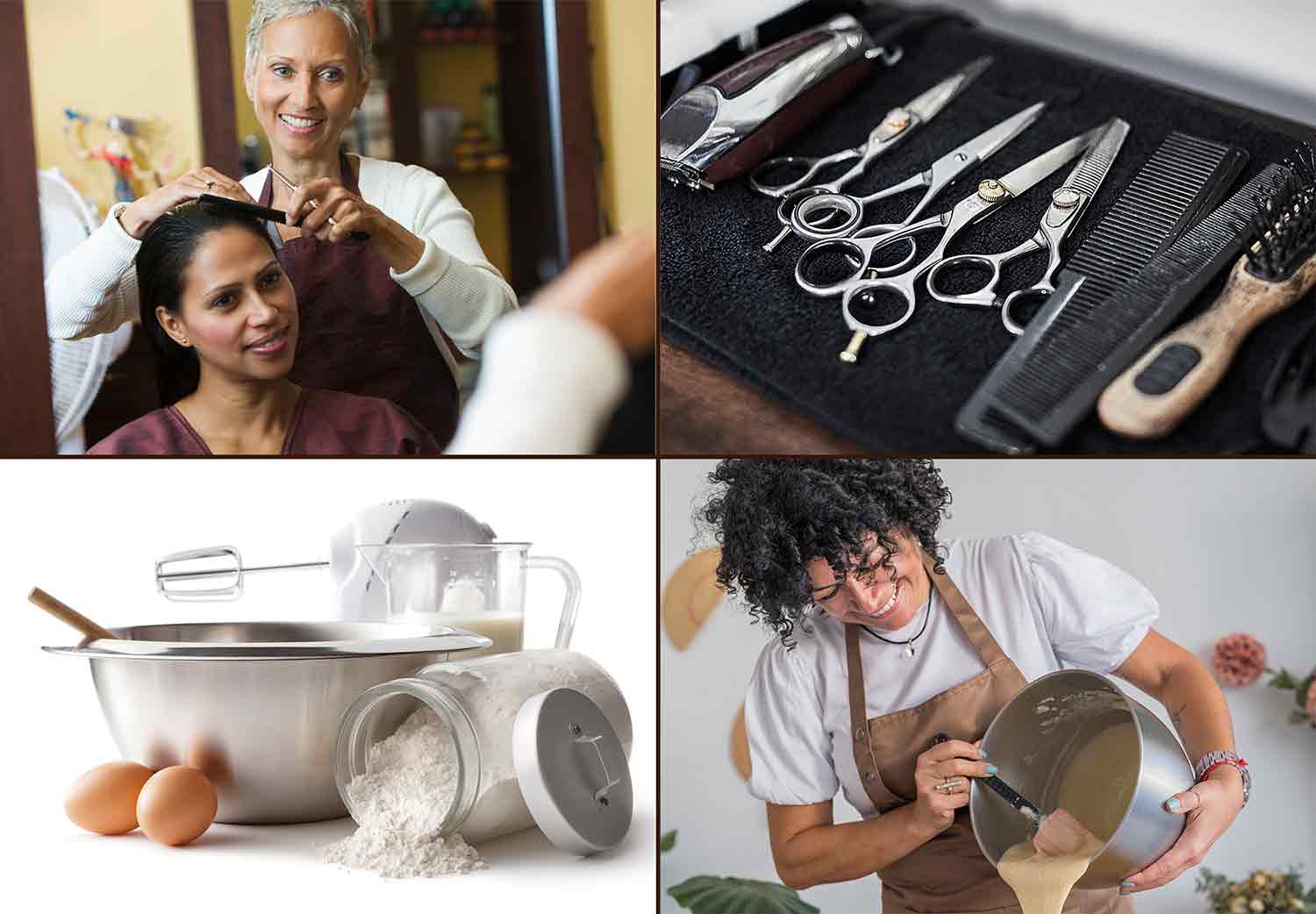 Grid of four photos showing a hairstylist with a client, hair styling tools, a baker pouring batter, and baking ingredients.