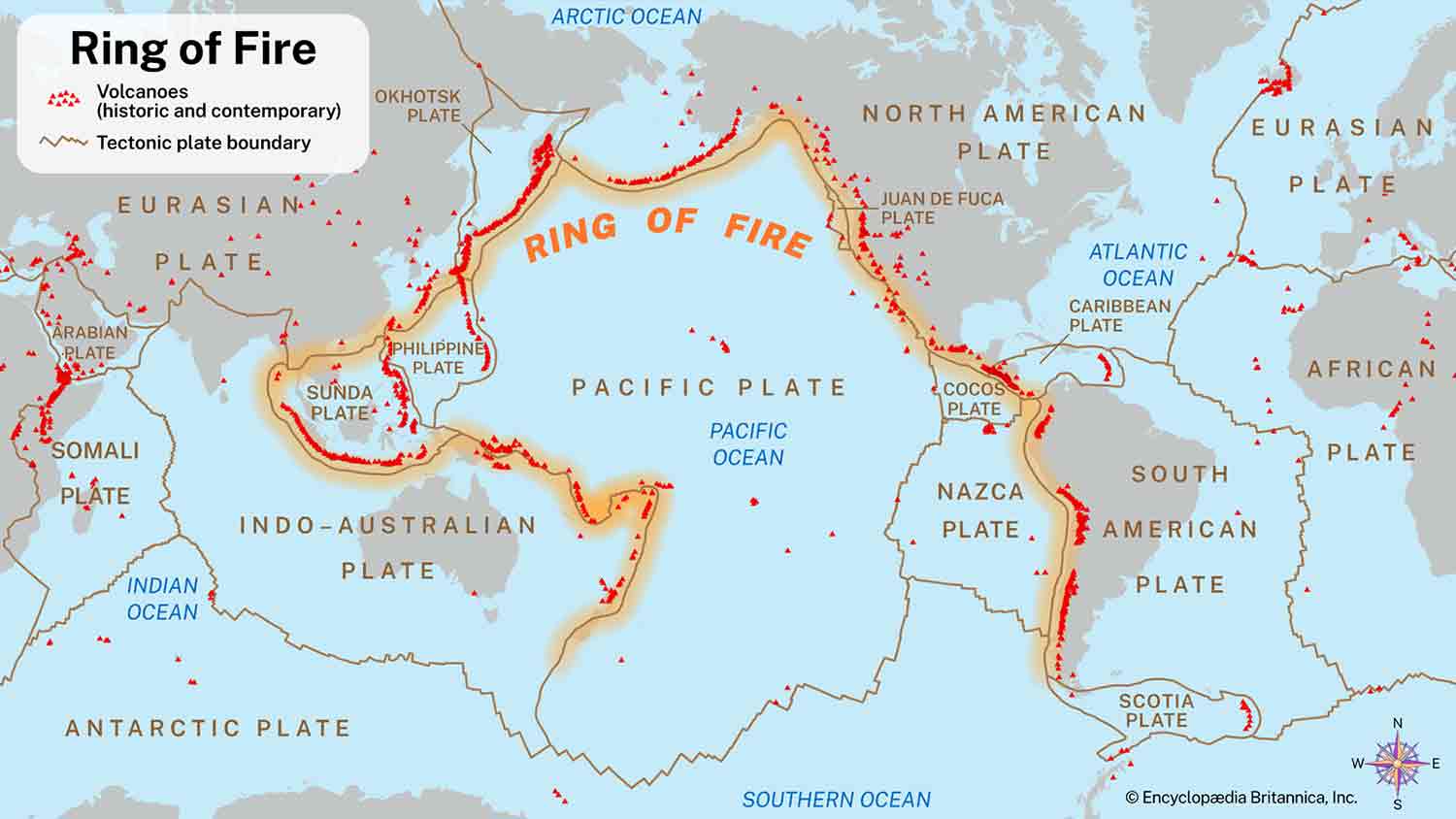 A world map with tectonic plates labeled and the Ring of Fire highlighted.