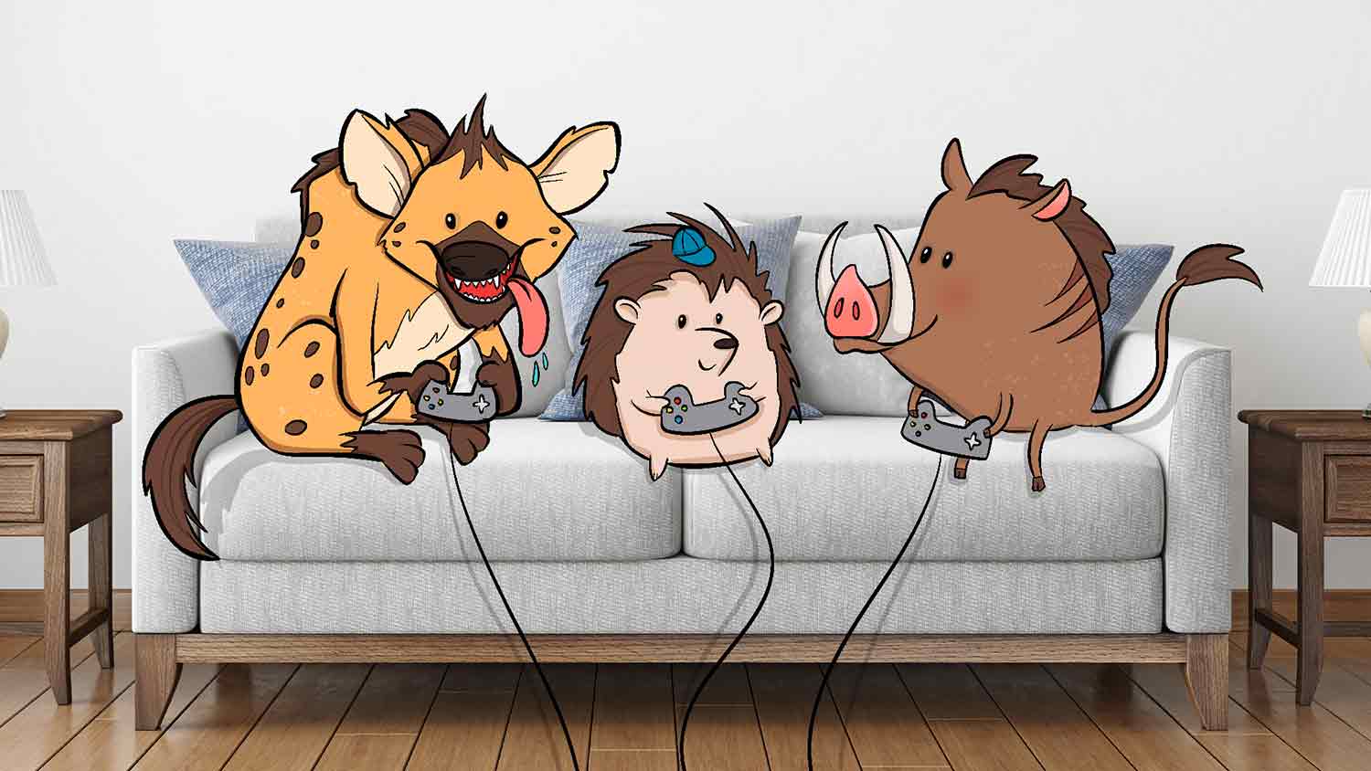 A hyena, a porcupine, and a warthog sit on a couch playing video games.