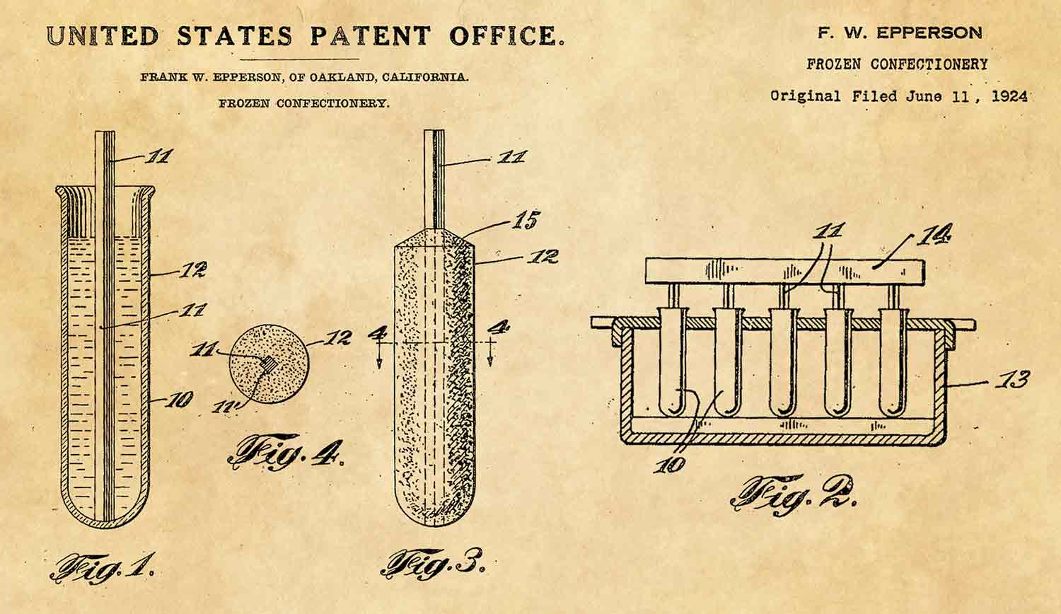 A patent drawing showing liquid in a mold with a stick, a frozen popsicle, and five popsicles in a mold.