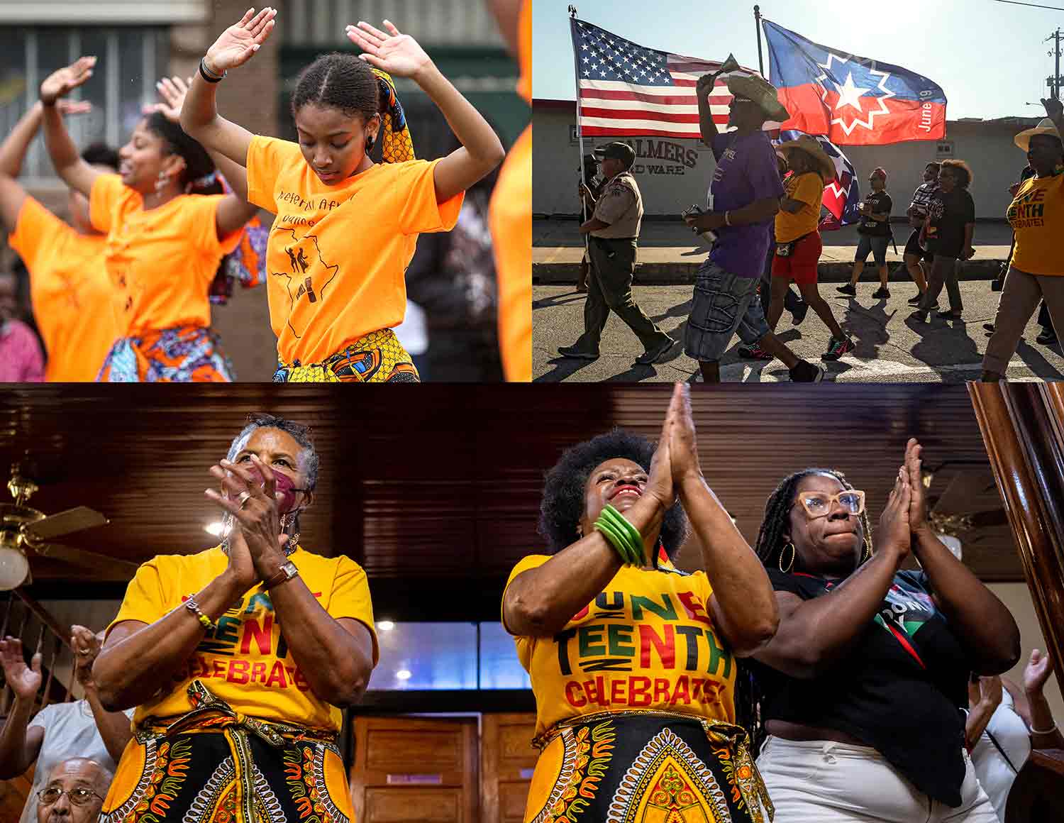Three panels showing dancers, a parade with flags, and three people clapping for Juneteenth.
