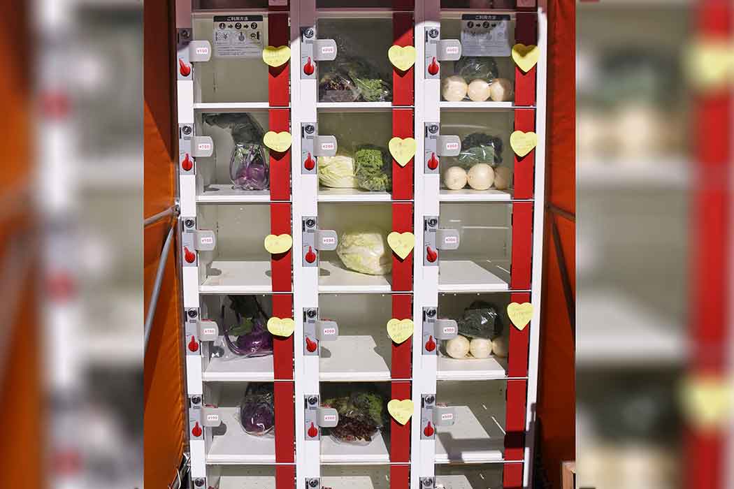 A vending machine with lettuce, eggplant, and other vegetables in individual compartments.