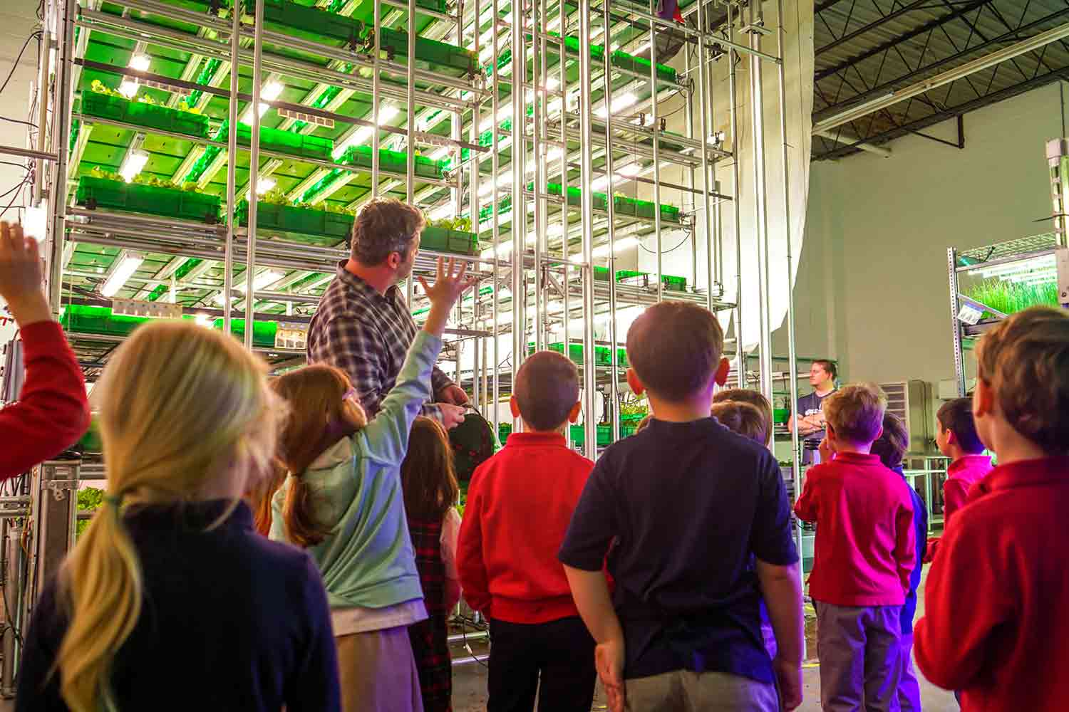 A man and a group of young children stand facing scaffolding that holds several layers of seedlings.