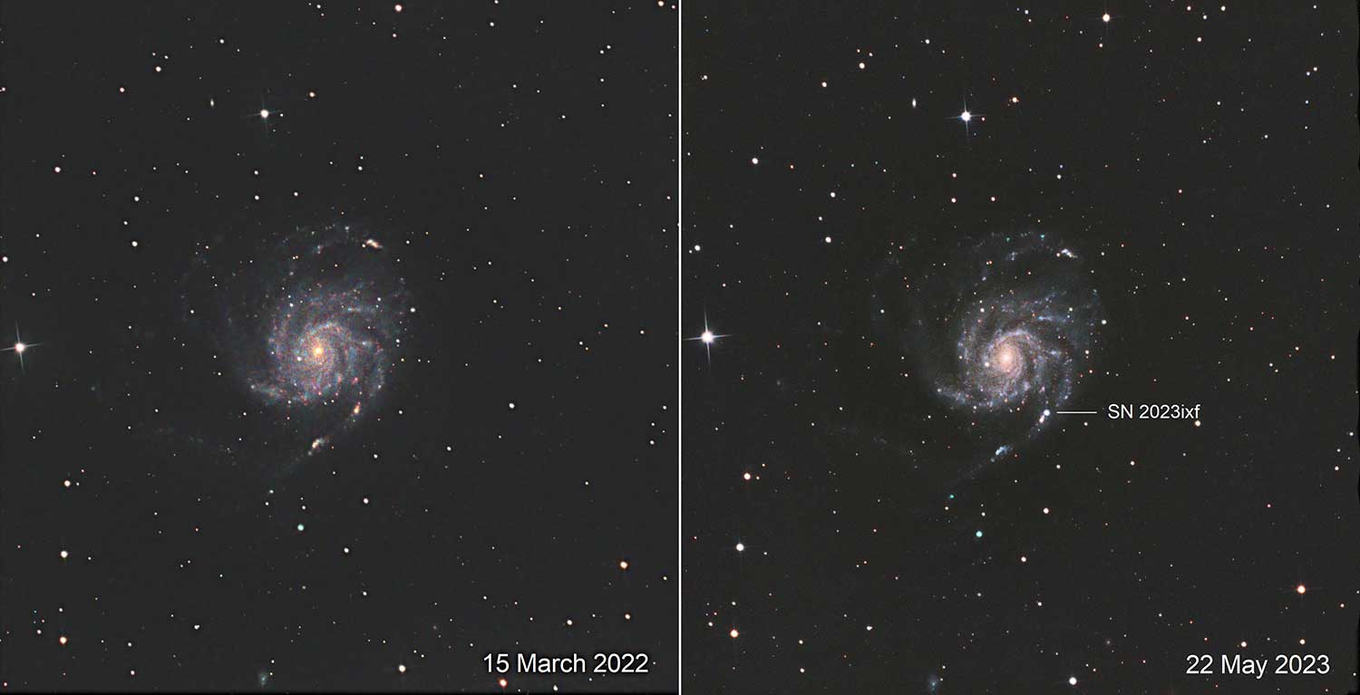 Side by side images of a pinwheel galaxy in March 2022 and May 2023, before and after a supernova becomes visible.