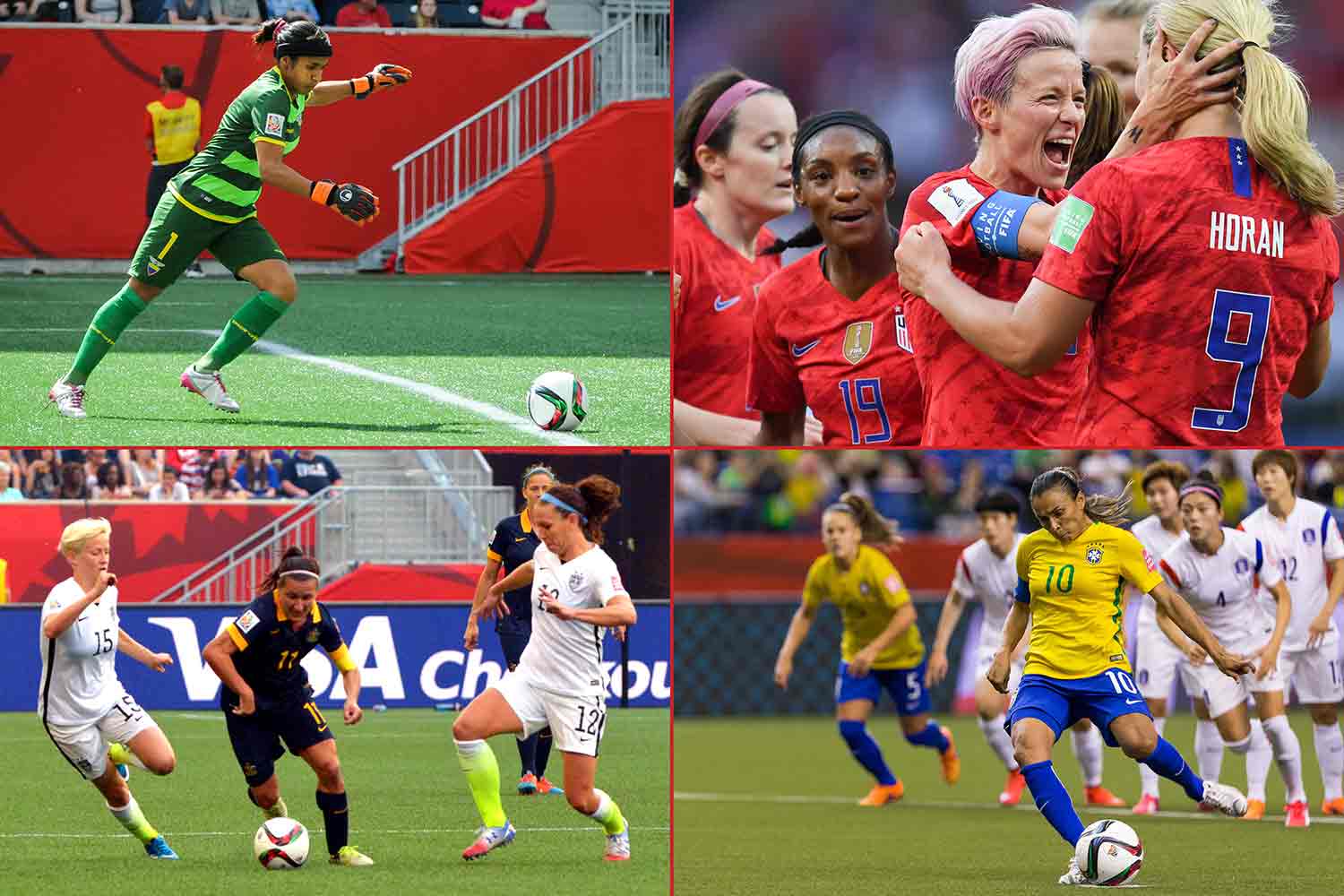 Four images show soccer players during games and celebrating after games.