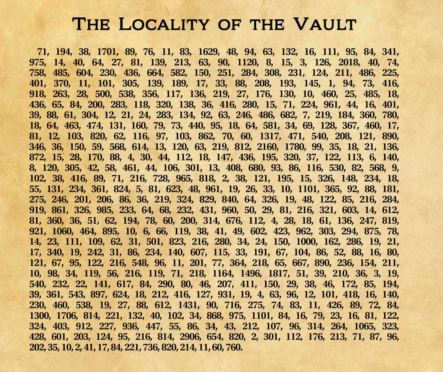 A long list of numbers separated by commas under the title The Locality of the Vault on a yellowed background.